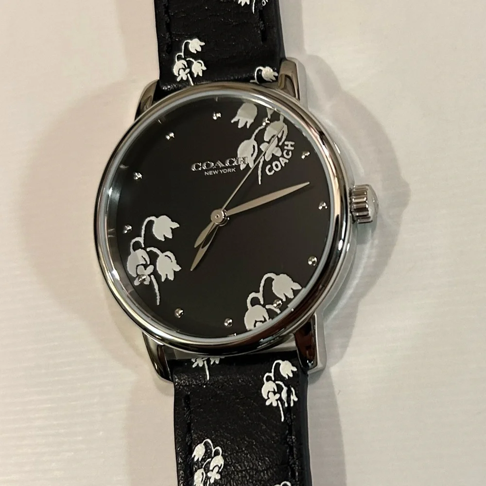 Coach Grand Floral Watch With 36mm Face & Black Leather Band
